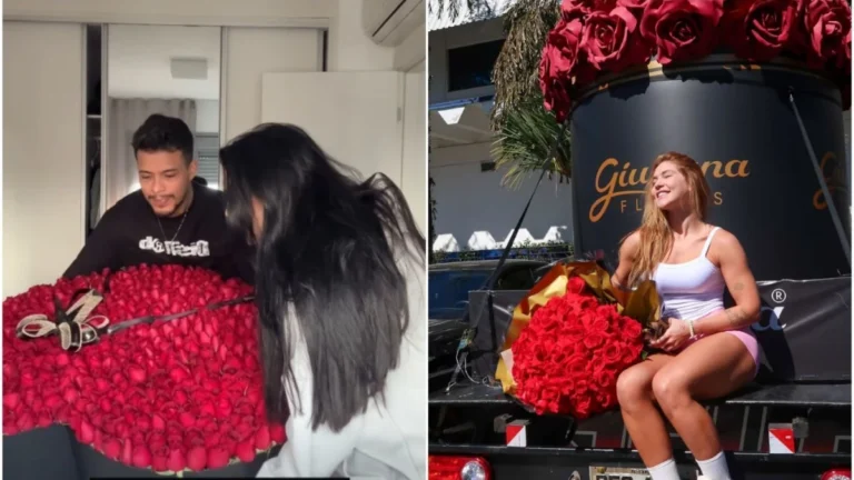 Felipe Amorim dá buquê à namorada após enviar caminhão de rosas à Virginia