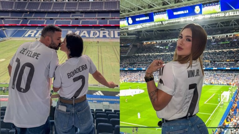 Casal posa no estádio do Real Madrid com camisas de Zé Felipe e Ana Castela