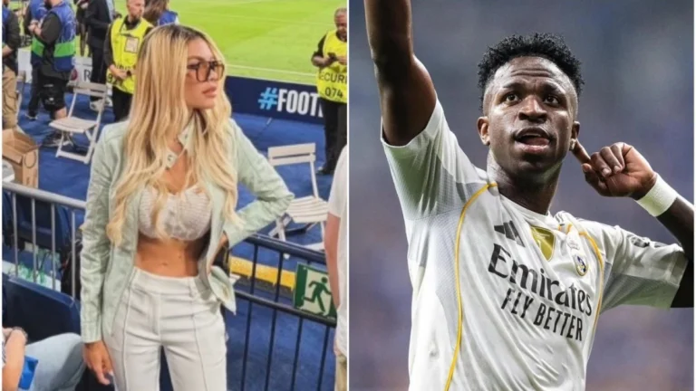 Após expor Vini Jr. e ganhar buquê, modelo vai a jogo do Real Madrid