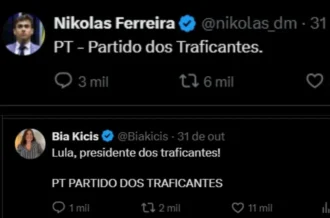 PT processa Nikolas, Flávio Bolsonaro e Bia Kicis por chamaram a sigla de ‘Partido dos Traficantes’