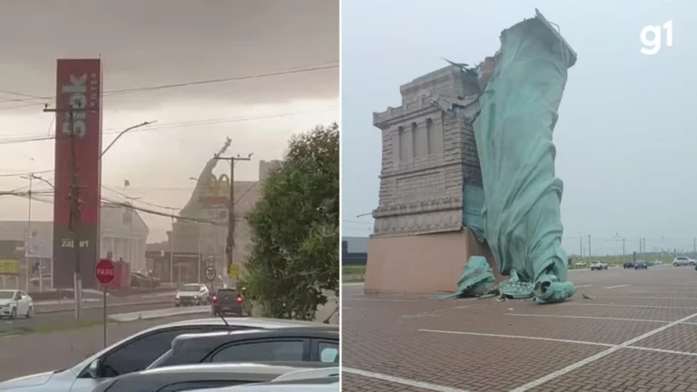 VÍDEO: estátua da Havan desaba durante temporal no RS