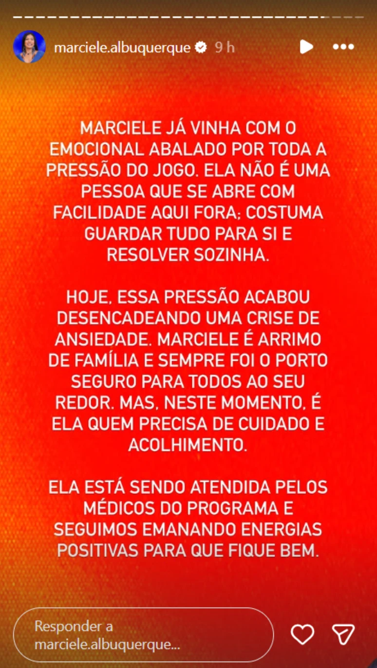 Equipe de Marciele reage à crise de ansiedade da cunhã no BBB e faz alerta