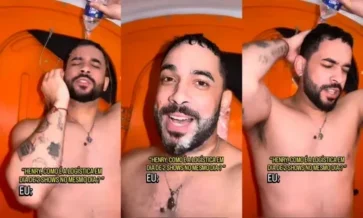 Henry Freitas toma banho de garrafa em banheiro químico na Bahia; veja