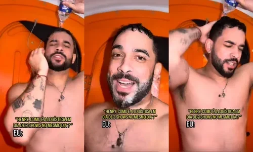 Henry Freitas toma banho de garrafa em banheiro químico na Bahia; veja