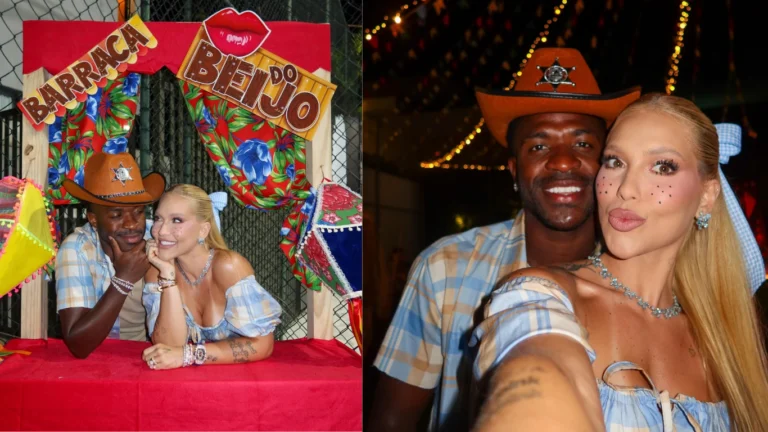 Virginia e Vini Jr. posam em barraca do beijo durante festa julina; veja