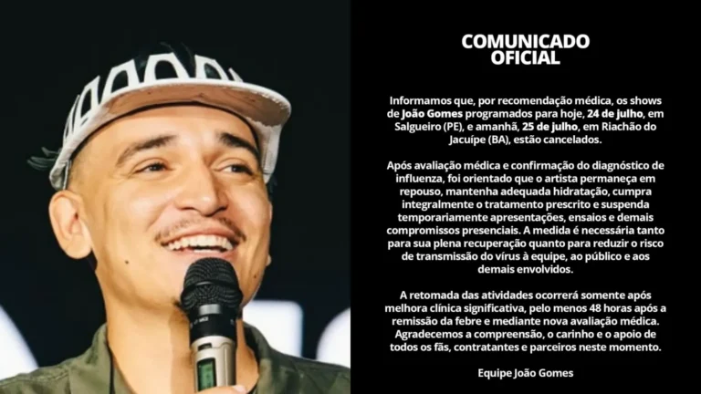 Cantor João Gomes é hospitalizado e cancela shows; entenda
