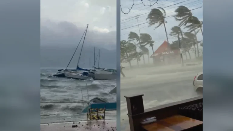Ventos acima de 100 km/h no litoral de SP empurram barcos e levantam areia