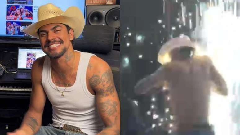 GRAVE? Cantor do 'Peão Todo Tatuado' leva tiro de fumaça no rosto: 'Os olhos dele...'