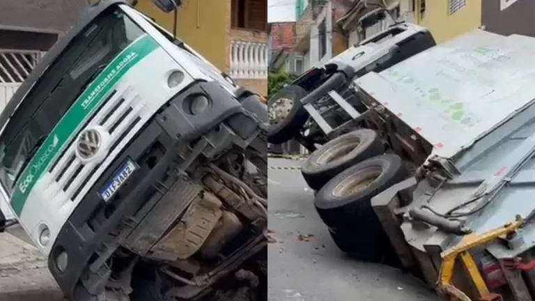Vídeo: caminhão de lixo cai dentro de cratera após asfalto ceder em Osasco